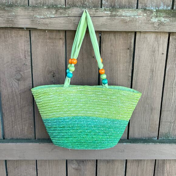 Green Ombre Woven Straw Beach Tote Bag with Beaded Handles Summer - Picture 2 of 8